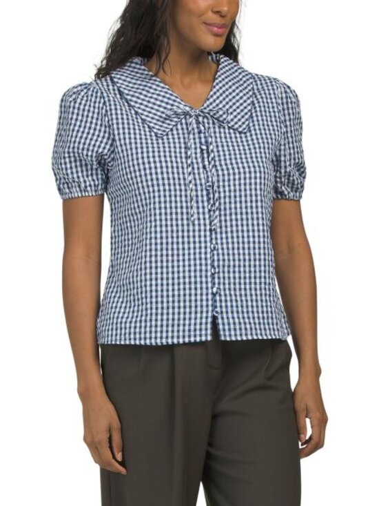 Liv Los Angeles Tops - LIV LOS ANGELES Gingham Short Puff Sleeve Top With Collar And Tie Detail
